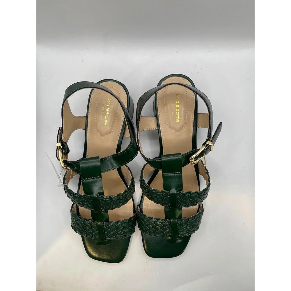 Liz Claiborne Clegan Green Woven Block Heel Sandals Square Toe Wide Width 11W